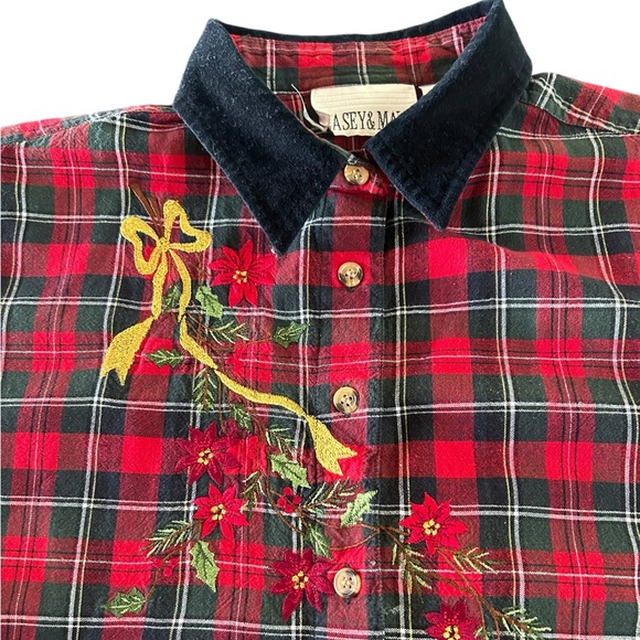 Vintage 90s Casey & Max Plaid Christmas Button Up Shirt Velvet Embroidered - Picture 4 of 6